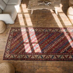 Antique Colorful Tribal Stripe Caucasian Shirvan Hallway Runner Rug (SKU 18632) - styled overhead view