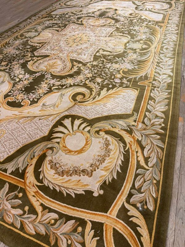 Contemporay luxury green field medallion antique european savonnerie gallery rug 2 Contemporay luxury green field medallion antique european savonnerie gallery rug - detail view 1
