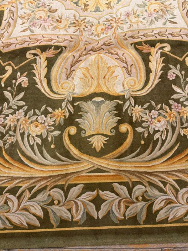 Contemporay luxury green field medallion antique european savonnerie gallery rug 4 Contemporay luxury green field medallion antique european savonnerie gallery rug - detail view 3