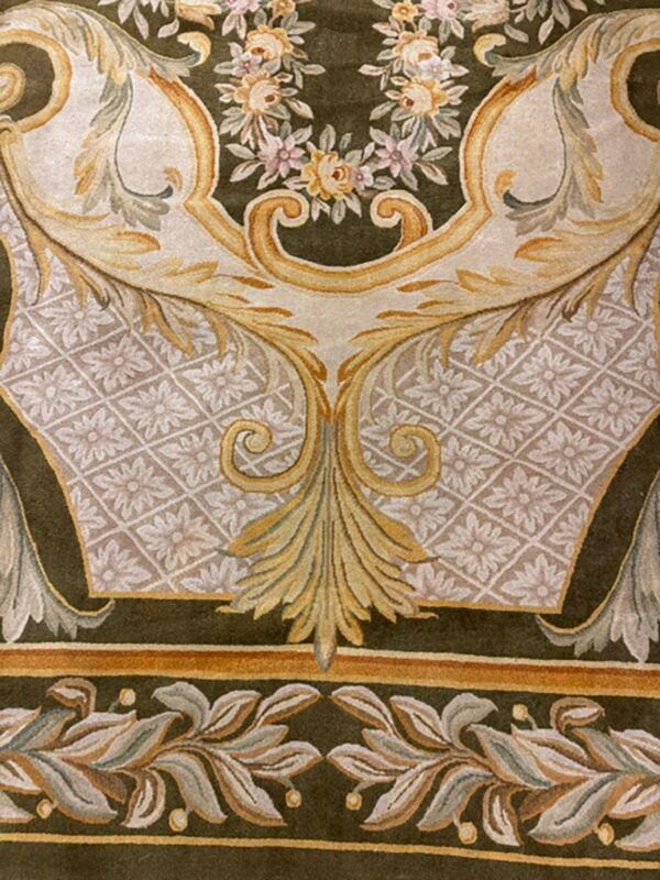 Contemporay luxury green field medallion antique european savonnerie gallery rug 5 Contemporay luxury green field medallion antique european savonnerie gallery rug - detail view 4