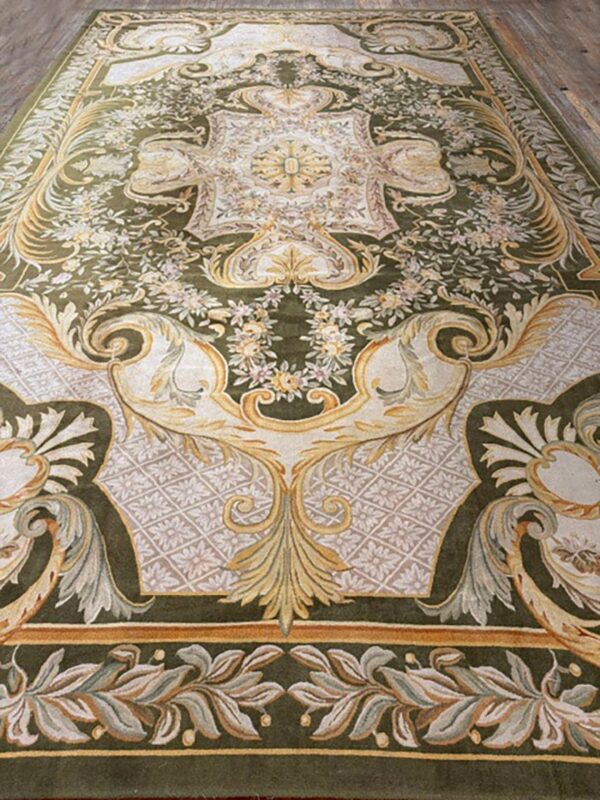 Contemporay luxury green field medallion antique european savonnerie gallery rug 6 Contemporay luxury green field medallion antique european savonnerie gallery rug - detail view 5