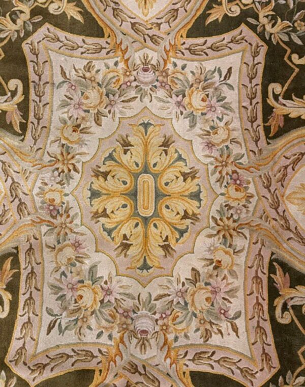 Contemporay luxury green field medallion antique european savonnerie gallery rug 7 Contemporay luxury green field medallion antique european savonnerie gallery rug - detail view 6