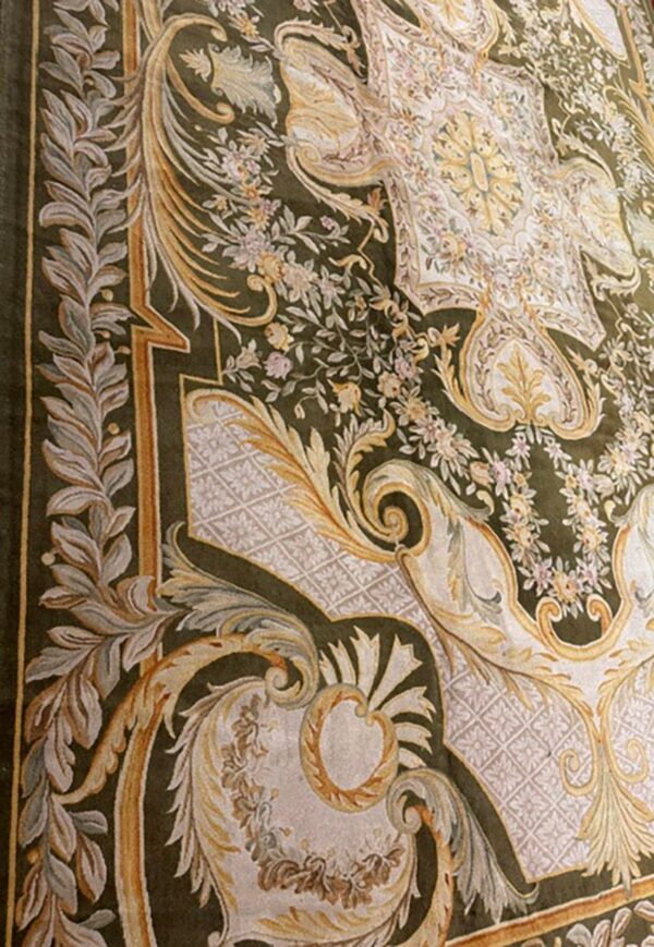 Contemporay luxury green field medallion antique european savonnerie gallery rug 8 Contemporay luxury green field medallion antique european savonnerie gallery rug - detail view 7