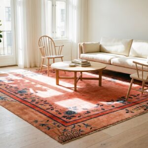 Coral 1920s Wool Antique Square Hand Knotted Pile Floral Rug (SKU 25725) - room view