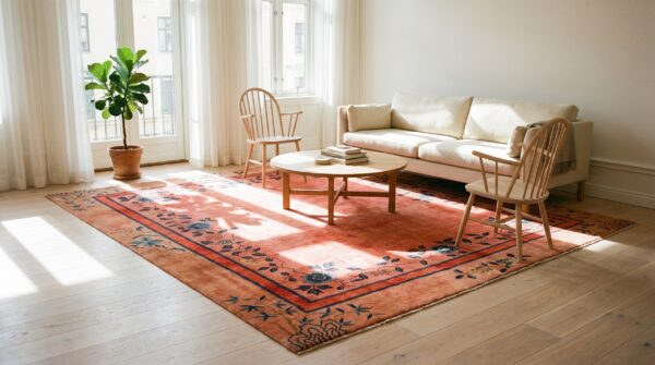Coral 1920s wool antique square hand knotted pile floral rug 10 Coral 1920s wool antique square hand knotted pile floral rug (sku 25725) - room view