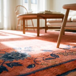 Coral 1920s Wool Antique Square Hand Knotted Pile Floral Rug (SKU 25725) - in-room detail