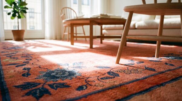 Coral 1920s wool antique square hand knotted pile floral rug 11 Coral 1920s wool antique square hand knotted pile floral rug (sku 25725) - in-room detail
