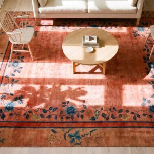 Coral 1920s Wool Antique Square Hand Knotted Pile Floral Rug (SKU 25725) - styled overhead view