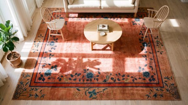 Coral 1920s wool antique square hand knotted pile floral rug 2 Coral 1920s wool antique square hand knotted pile floral rug (sku 25725) - styled overhead view