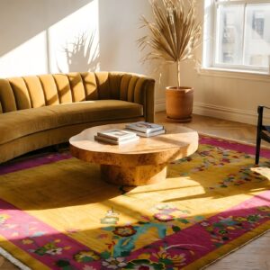 Antique Wool Coral Hand Knotted Pile Rug (SKU 24027) - styled overhead view