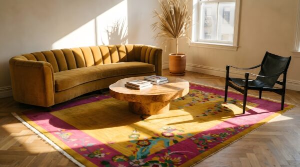Antique wool coral hand knotted pile rug 2 Antique wool coral hand knotted pile rug (sku 24027) - styled overhead view
