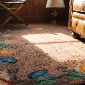 Coral Abstract Speckled Field Antique American Floral Border Hooked Rug (SKU 20515) - in-room detail