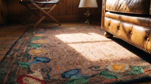Coral abstract speckled field antique american floral border hooked rug (sku 20515) - in-room detail