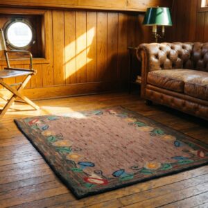 Coral Abstract Speckled Field Antique American Floral Border Hooked Rug (SKU 20515) - styled overhead view