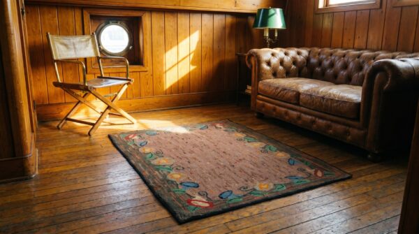 Coral abstract speckled field antique american floral border hooked rug (sku 20515) - styled overhead view