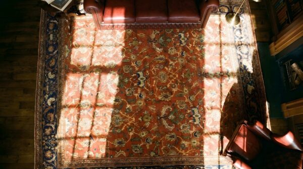 Coral antique allover design square persian sultanabad rug 2 Coral antique allover design square persian sultanabad rug (sku 24076) - styled overhead view
