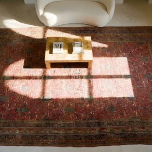 Coral Background Cypress Tree Pattern Antique Long and Narrow Oversized Persian Afshar Rug (SKU 25580) - styled overhead view