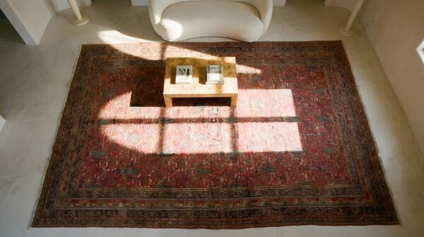 Coral background cypress tree pattern antique long and narrow oversized persian afshar rug 2 Coral background cypress tree pattern antique long and narrow oversized persian afshar rug (sku 25580) - styled overhead view