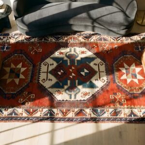 Coral Bold Tribal Antique Late 19th Century Tribal Caucasian Lori Pambak Rug (SKU 24919) - styled overhead view