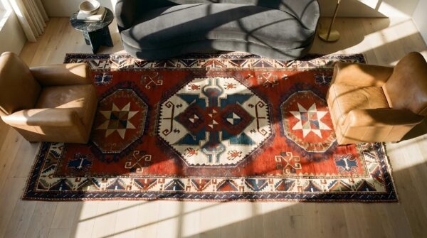 Coral bold tribal antique late 19th century tribal caucasian lori pambak rug (sku 24919) - styled overhead view