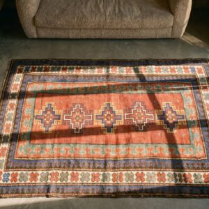 Coral Antique Caucasian Caucasus - Kazak Knotted Rug (SKU 19319) - styled overhead view