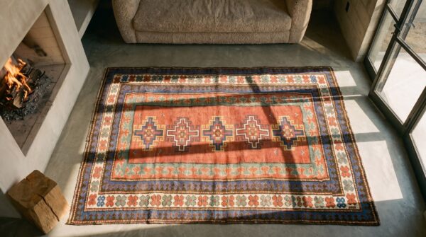 Coral antique caucasian caucasus - kazak knotted rug 2 Coral antique caucasian caucasus - kazak knotted rug (sku 19319) - styled overhead view