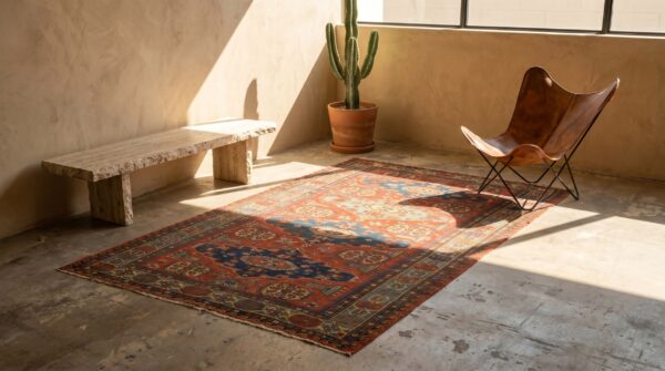 Antique coral caucasian flatweave rustic tribal soumak area rug 7 Antique coral caucasian flatweave rustic tribal soumak area rug (sku 18577) - room view