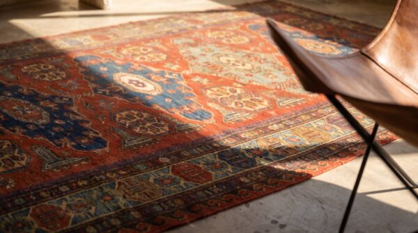Antique coral caucasian flatweave rustic tribal soumak area rug 8 Antique coral caucasian flatweave rustic tribal soumak area rug (sku 18577) - in-room detail