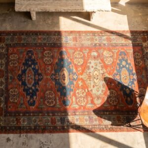 Antique Coral Caucasian Flatweave Rustic Tribal Soumak Area Rug (SKU 18577) - styled overhead view