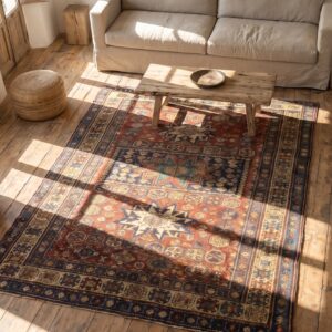 Antique Coral Caucasian - Shirvan Caucasian Knotted Rug (SKU 17803) - styled overhead view