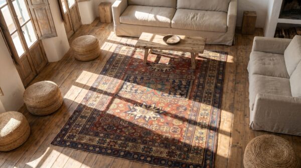 Antique coral caucasian - shirvan caucasian knotted rug 2 Antique coral caucasian - shirvan caucasian knotted rug (sku 17803) - styled overhead view