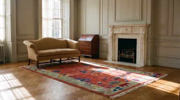 Coral wool knotted chinese 1920s antique - art deco rectangle small scatter size rug 8 Coral wool knotted chinese 1920s antique - art deco rectangle small scatter size rug (sku 25738) - room view