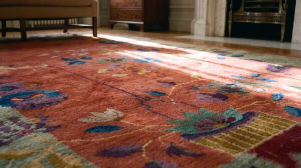Coral wool knotted chinese 1920s antique - art deco rectangle small scatter size rug 9 Coral wool knotted chinese 1920s antique - art deco rectangle small scatter size rug (sku 25738) - in-room detail