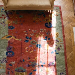 Coral Wool Knotted Chinese 1920s Antique - Art Deco Rectangle Small Scatter Size Rug (SKU 25738) - styled overhead view