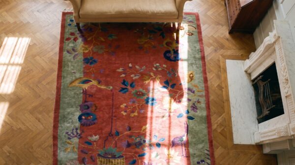 Coral wool knotted chinese 1920s antique - art deco rectangle small scatter size rug 2 Coral wool knotted chinese 1920s antique - art deco rectangle small scatter size rug (sku 25738) - styled overhead view