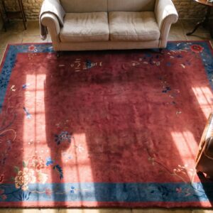 Coral Chinese - Art Deco 1920s Wool Room Size Rectangle Antique Knotted Rug (SKU 23411) - styled overhead view