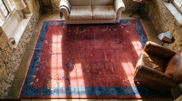 Coral chinese - art deco 1920s wool room size rectangle antique knotted rug 2 Coral chinese - art deco 1920s wool room size rectangle antique knotted rug (sku 23411) - styled overhead view