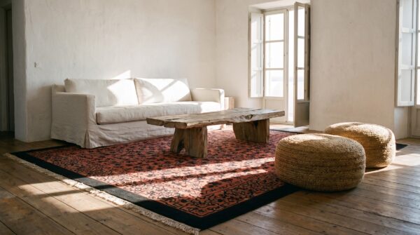 Coral chinese art deco knotted wool antique room size 1920s rectangle rug (sku 22377) - room view