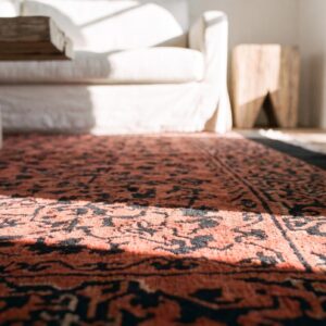 Coral Chinese Art Deco Knotted Wool Antique Room Size 1920s Rectangle Rug (SKU 22377) - in-room detail