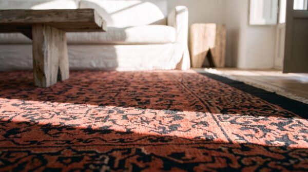 Coral chinese art deco knotted wool antique room size 1920s rectangle rug (sku 22377) - in-room detail