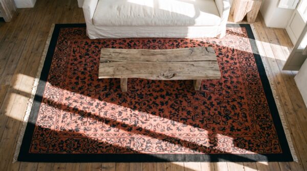 Coral chinese art deco knotted wool antique room size 1920s rectangle rug (sku 22377) - styled overhead view