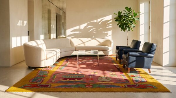 Antique coral chinese art deco small scatter size 1920s wool knotted rug 9 Antique coral chinese art deco small scatter size 1920s wool knotted rug (sku 24488) - room view