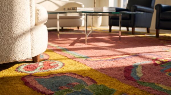 Antique coral chinese art deco small scatter size 1920s wool knotted rug 10 Antique coral chinese art deco small scatter size 1920s wool knotted rug (sku 24488) - in-room detail