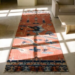 Coral Antique Chinese Dragon Design Pillar Carpet Hallway Runner Rug (SKU 22725) - styled overhead view