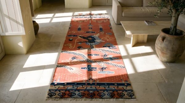 Coral antique chinese dragon design pillar carpet hallway runner rug 2 Coral antique chinese dragon design pillar carpet hallway runner rug (sku 22725) - styled overhead view