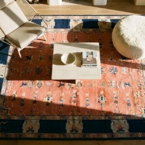 Coral Antique Chinese Pillar Carpet Hallway Runner Rug (SKU 25334) - styled overhead view