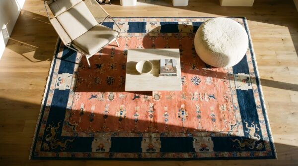 Coral antique chinese pillar carpet hallway runner rug (sku 25334) - styled overhead view