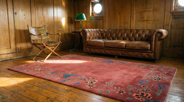 Coral chinese knotted small scatter size - art deco rectangle 1920s antique wool rug (sku 22592) - room view