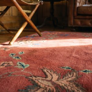 Coral Chinese Knotted Small Scatter Size - Art Deco Rectangle 1920s Antique Wool Rug (SKU 22592) - in-room detail