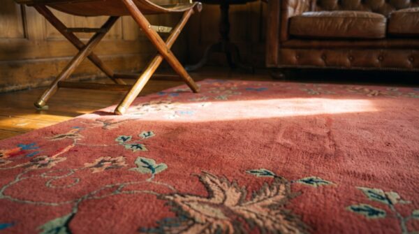 Coral chinese knotted small scatter size - art deco rectangle 1920s antique wool rug (sku 22592) - in-room detail
